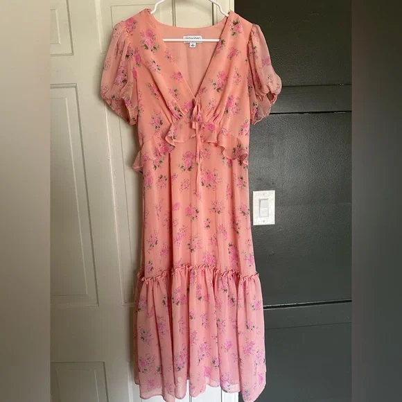 LoveShackFancy Pink Floral Puff Sleeve Chiffon Tiered Ruffle Midi Dress Size 6 - Picture 3 of 9